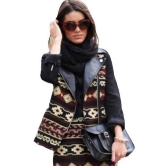 Zara Black Genuine Leather Aztec Southwestern Tapestry Boho Moto Zip Jacket - Picture 2 of 15